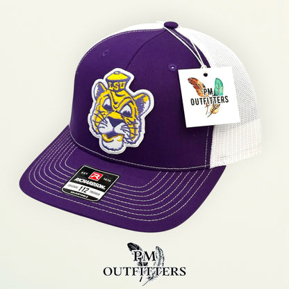 PM Outfitters LSU vintage tiger mascot embroidered patch Richardson 112 purple white trucker hat
