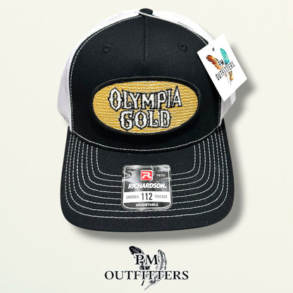 Olympia Gold Trucker Hat – PM Outfitters True Vintage Patch | Richardson 112 Black & White Brewery Heritage