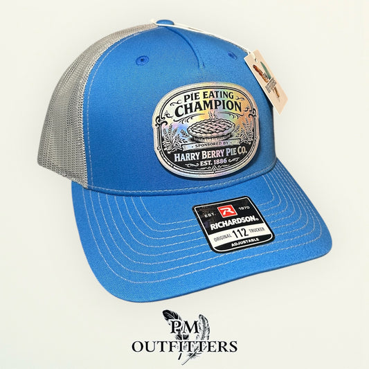 Pie Eating Champion Hat - PM Outfitters Holographic Patch | Richardson 112 Columbia Blue Gray Humor