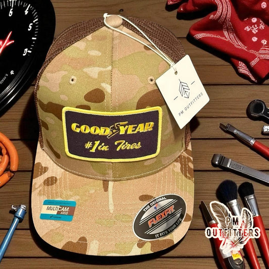Retro Good Year Tires FlexFit Camo Trucker Hat