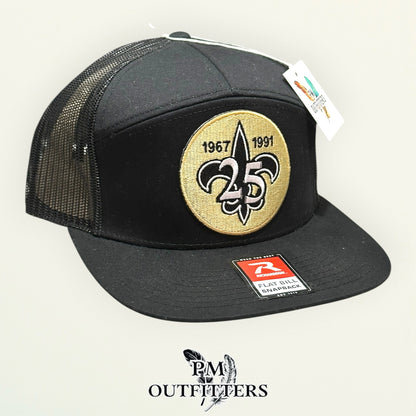 New Orleans Saints 25th Anniversary Flat Bill Hat | PM Outfitters Richardson 168 All Black | Who Dat Fan Gear