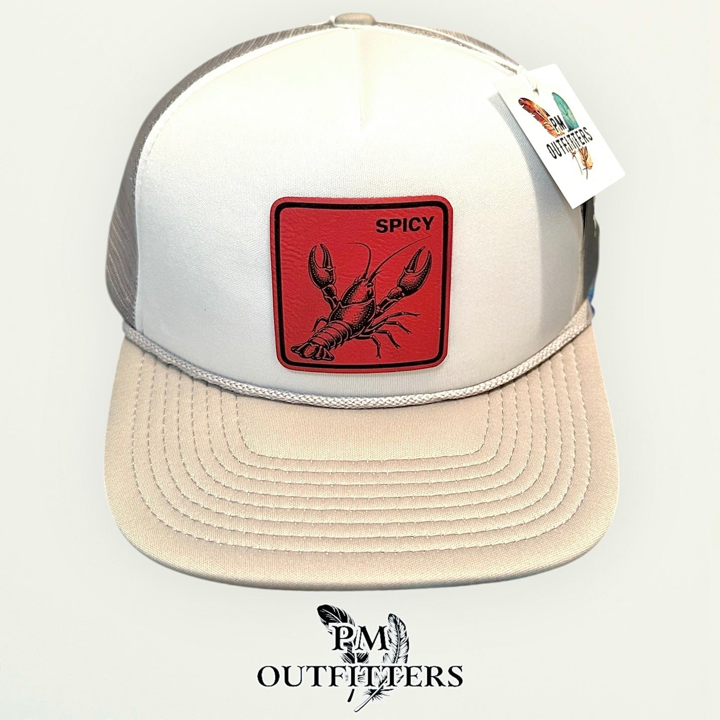 Spicy Crawfish Laser Engraved Patch Hat | Decky Foam Flat Bill Rope Trucker Gray White | PM Outfitters Exclusive Design