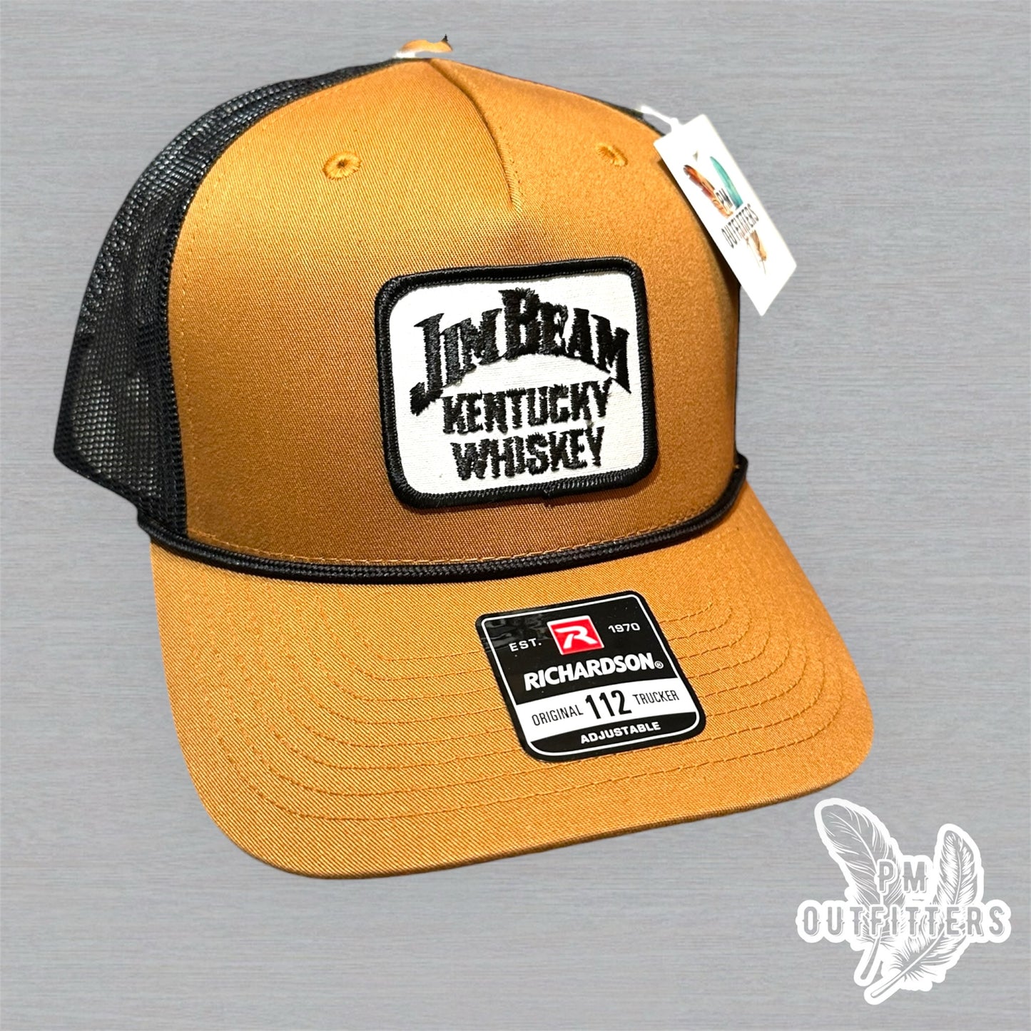 Vintage Jim Beam Kentucky Whiskey Patch Trucker Hat - Richardson 112 Caramel Black Rope
