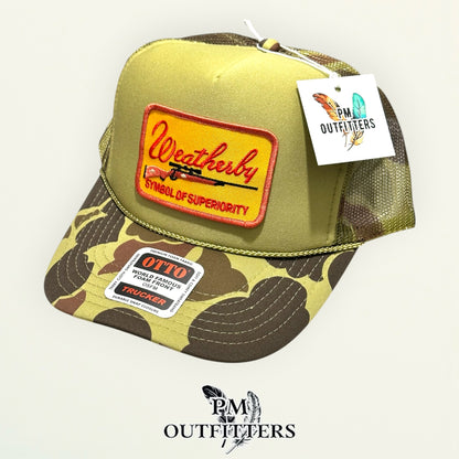 PM Outfitters hang tag Weatherby olive camo trucker hat