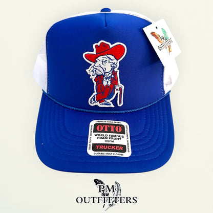 PM Outfitters Ole Miss Colonel Reb retro mascot patch Otto foam front rope royal blue white trucker hat