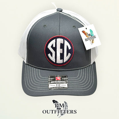 Ole Miss SEC Jersey Patch Trucker Hat | PM Outfitters Richardson 112 Charcoal & White | Hotty Toddy
