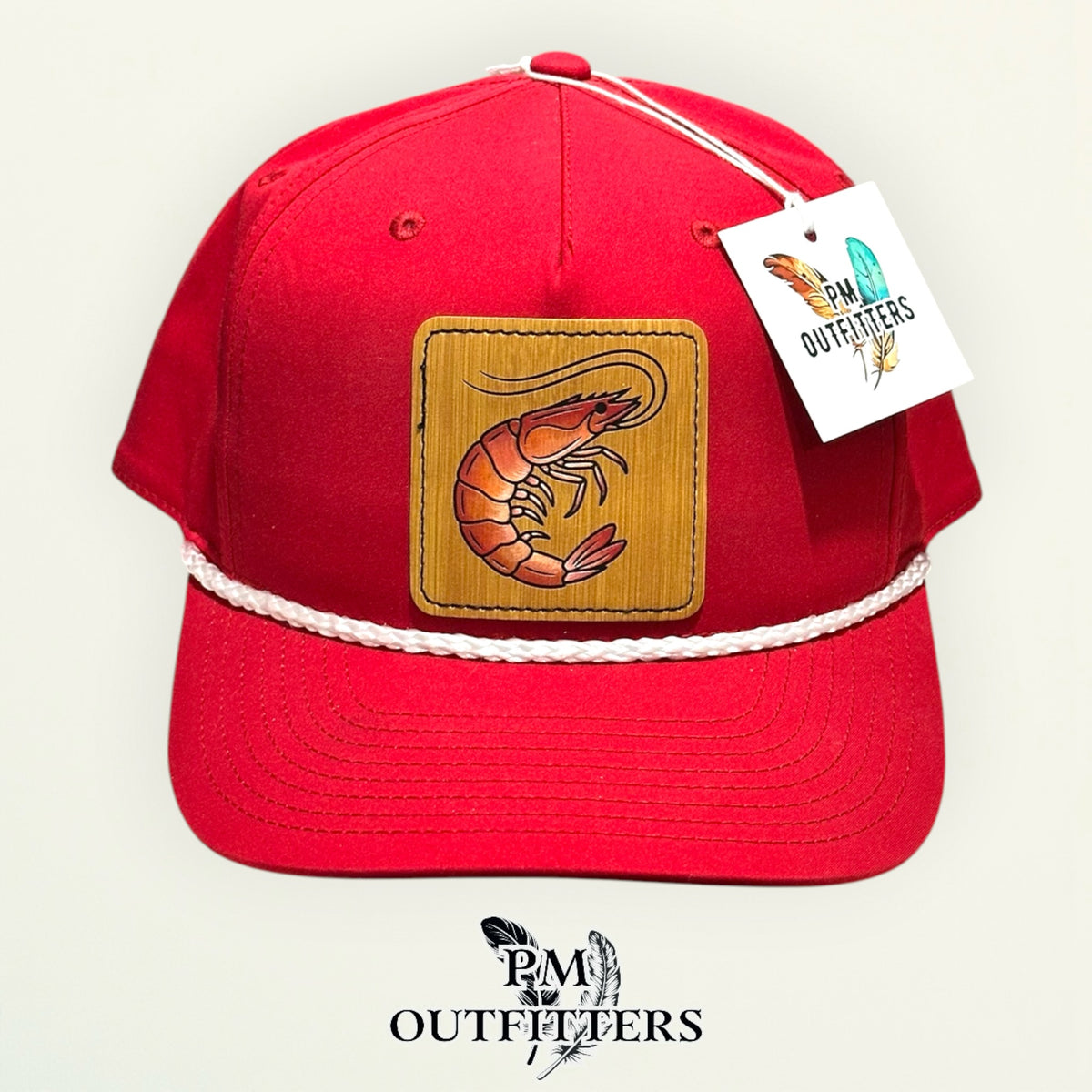 Hand-painted Gulf shrimp patch on a red Richardson 258 rope trucker hat with white trim, PM Outfitters True Originals