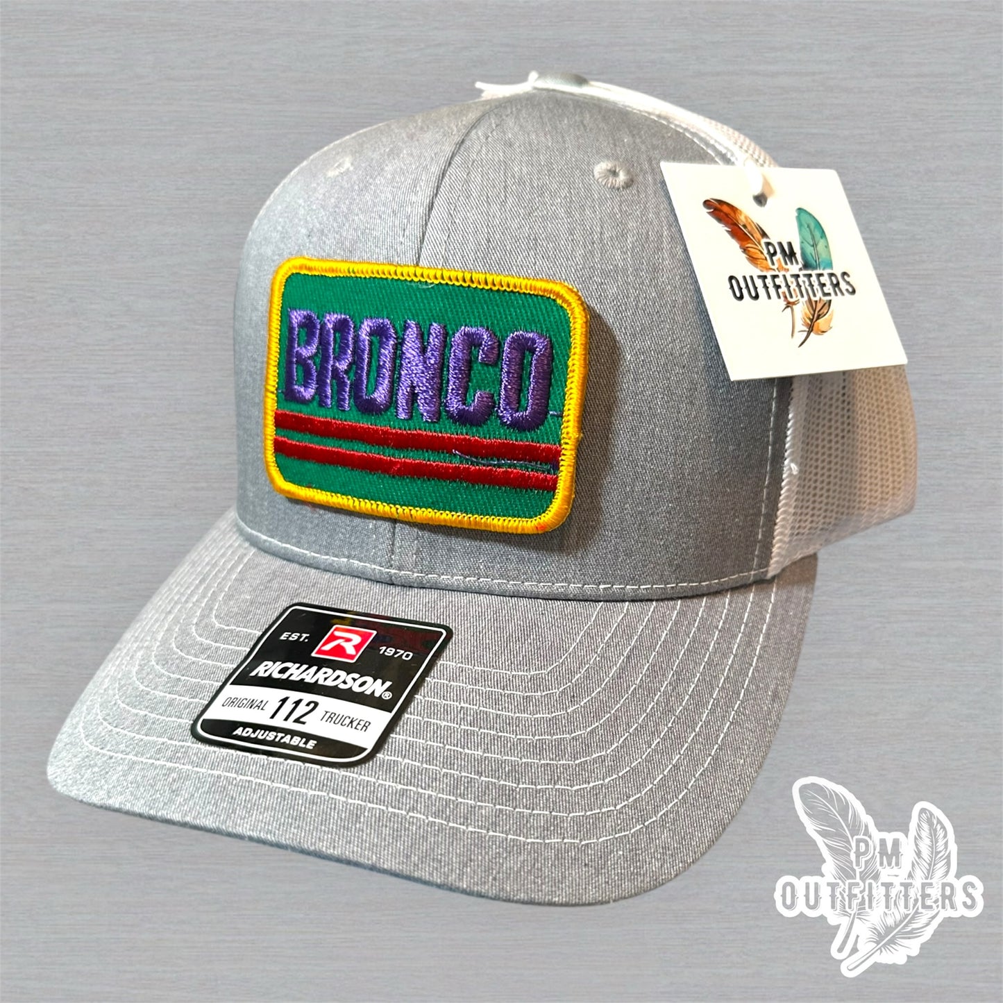 Ford Bronco Vintage Patch Trucker Hat - Richardson 112 Heather Gray White