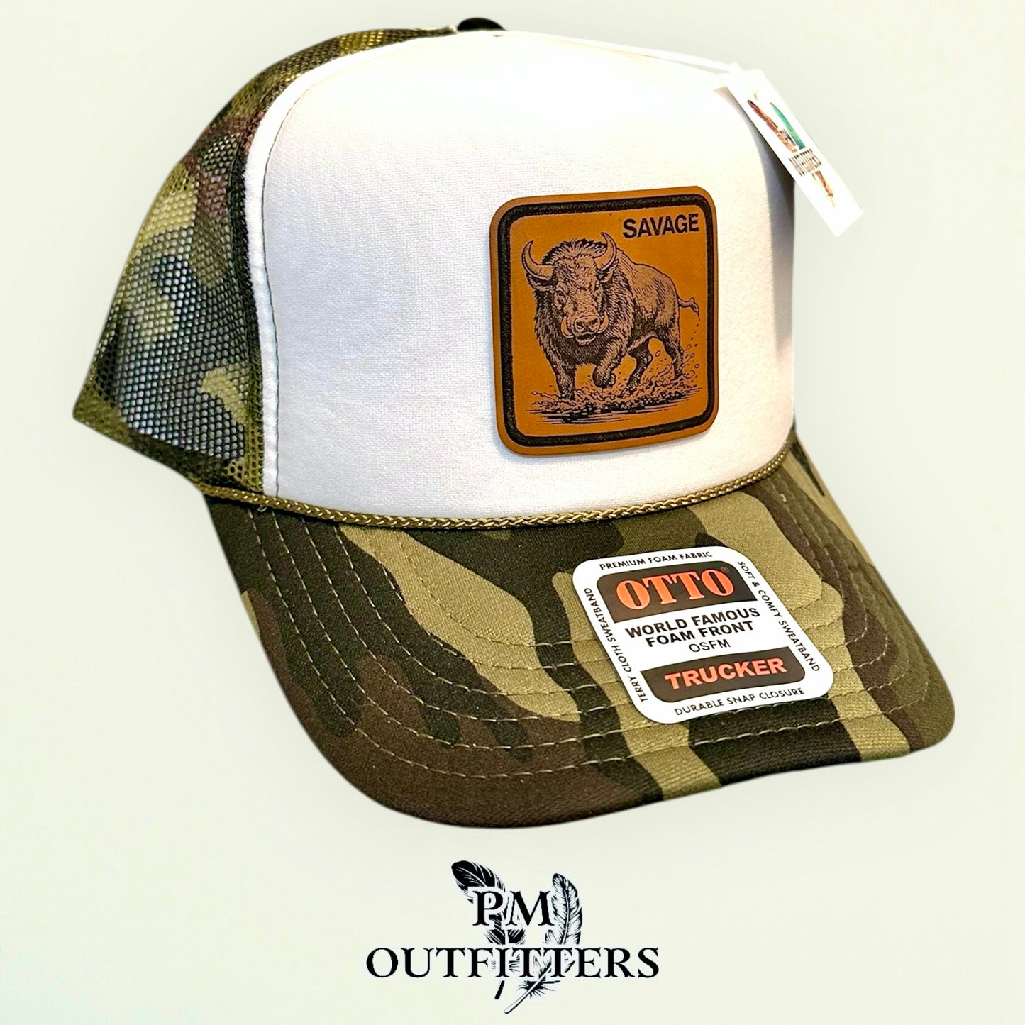 SAVAGE Wild Boar Laser Engraved Patch Hat | Otto Foam Rope Trucker White Camo | PM Outfitters Exclusive Design
