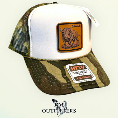 SAVAGE Wild Boar Laser Engraved Patch Hat | Otto Foam Rope Trucker White Camo | PM Outfitters Exclusive Design