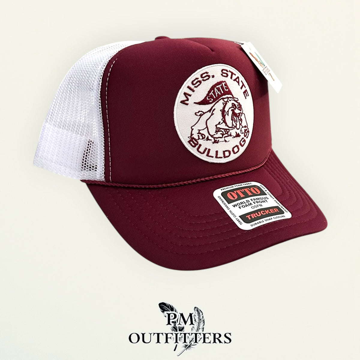 PM Outfitters Mississippi State Bulldogs retro circular patch Otto foam front rope maroon white trucker hat