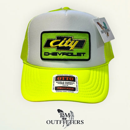 City Chevrolet Trucker Hat – PM Outfitters Days of Thunder Patch | Otto Foam Front Neon Yellow & White