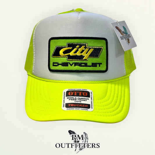 City Chevrolet Trucker Hat – PM Outfitters Days of Thunder Patch | Otto Foam Front Neon Yellow & White