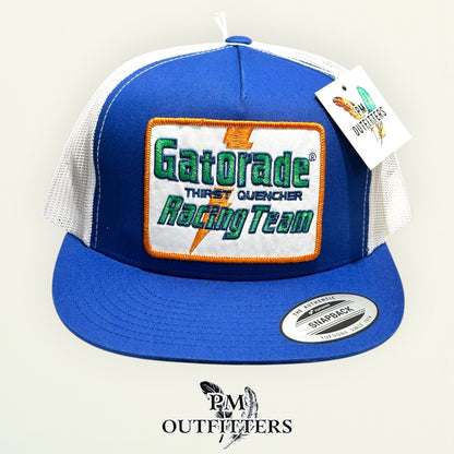 Side view of the Gatorade Racing Team trucker hat, blue and white Yupoong 6006 flat bill