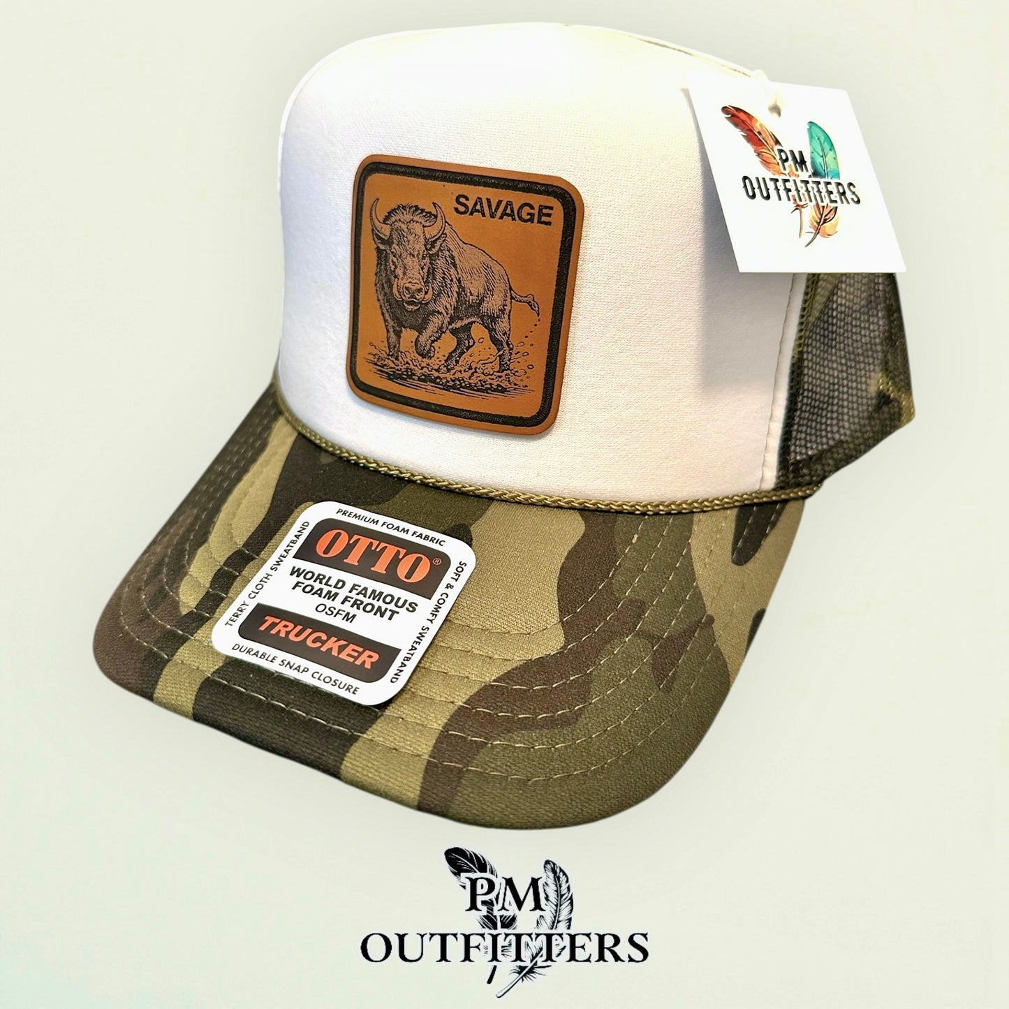 SAVAGE Wild Boar Laser Engraved Patch Hat | Otto Foam Rope Trucker White Camo | PM Outfitters Exclusive Design