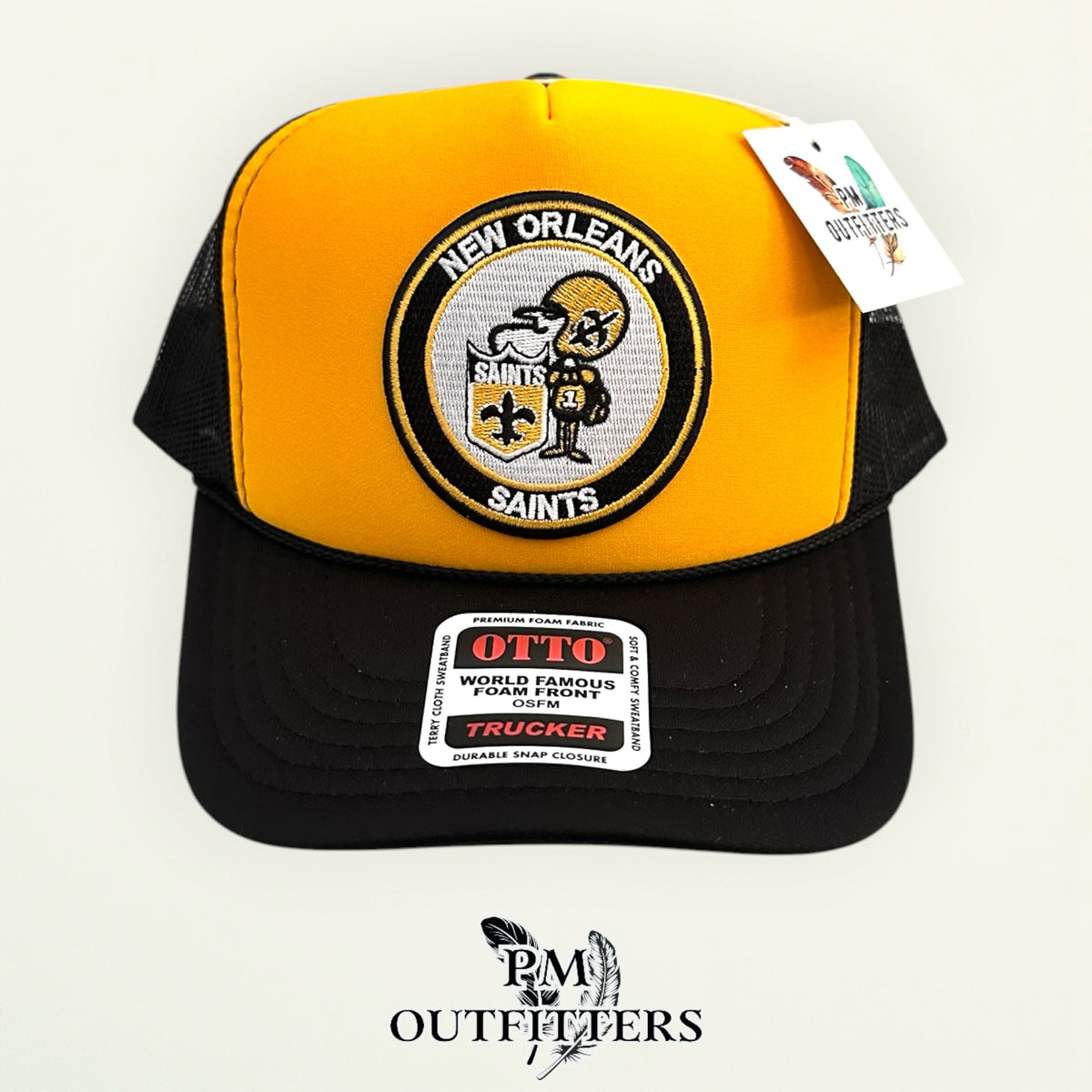 PM Outfitters New Orleans Saints Sir Saint retro embroidered patch Otto foam front rope gold black trucker hat