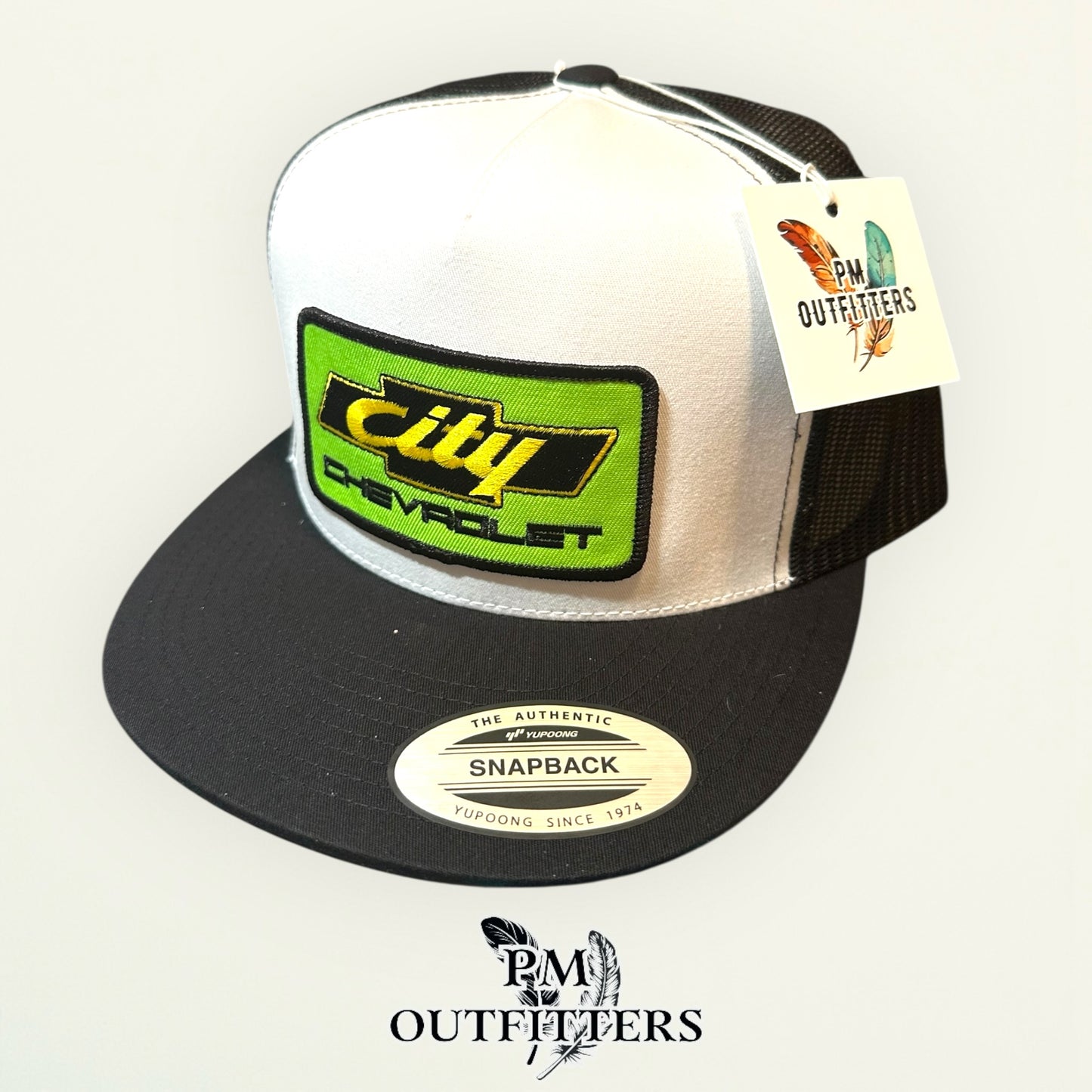 City Chevrolet Days of Thunder Trucker Hat — PM Outfitters Retro Patch | Yupoong Flat Bill White Black NASCAR Heritage