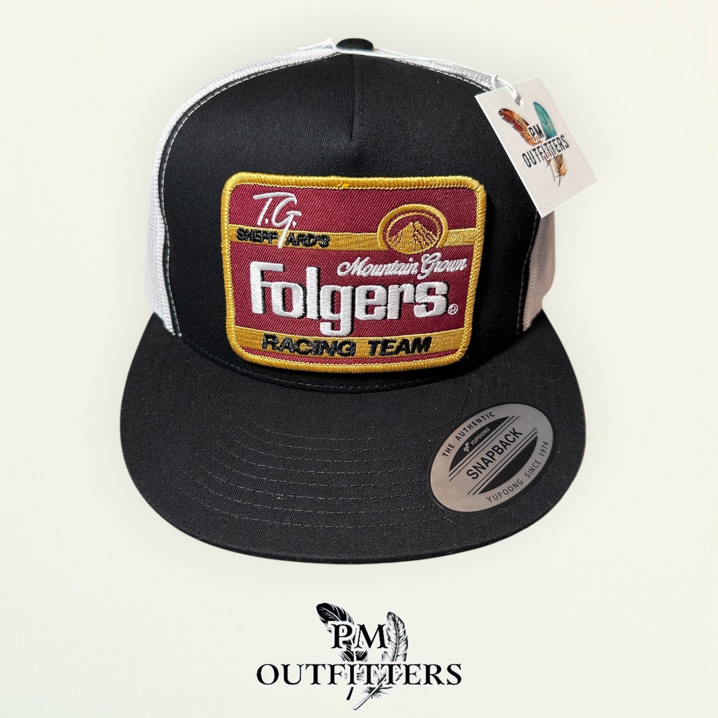 TG Sheppard Folgers Racing Team Trucker Hat - PM Outfitters | Yupoong 6006 Black White Flatbill NASCAR