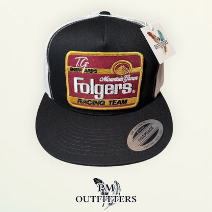 TG Sheppard Folgers Racing Team Trucker Hat - PM Outfitters | Yupoong 6006 Black White Flatbill NASCAR