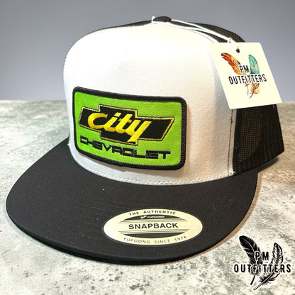 City Chevrolet Days of Thunder Trucker Hat — PM Outfitters Retro Patch | Yupoong Flat Bill White Black NASCAR Heritage
