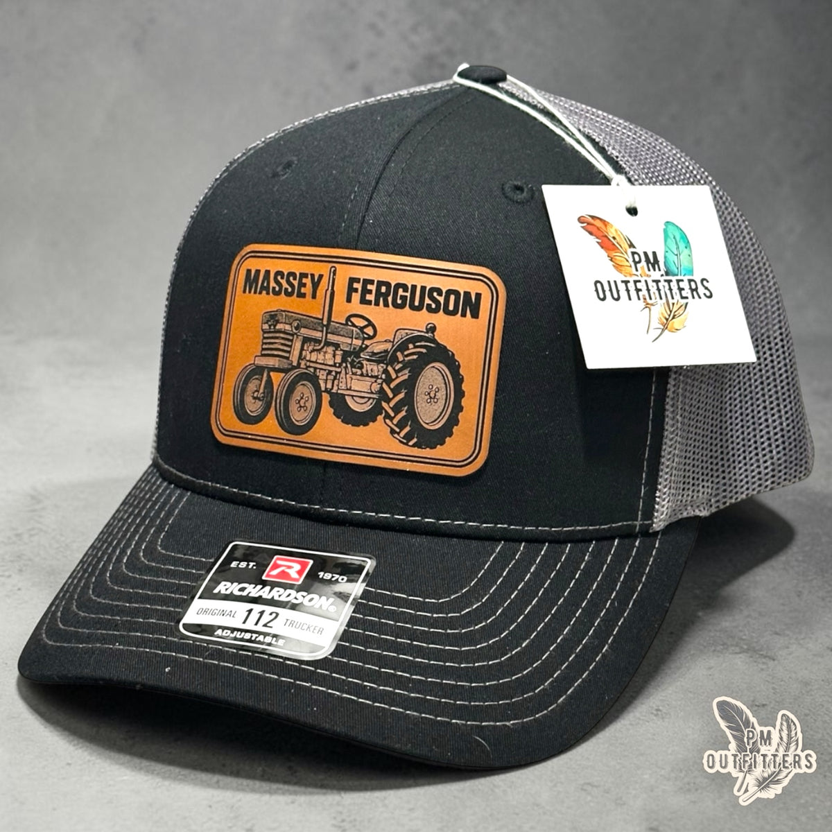 PM Outfitters Massey Ferguson trucker hat black charcoal Richardson 112 vegan leather tractor patch