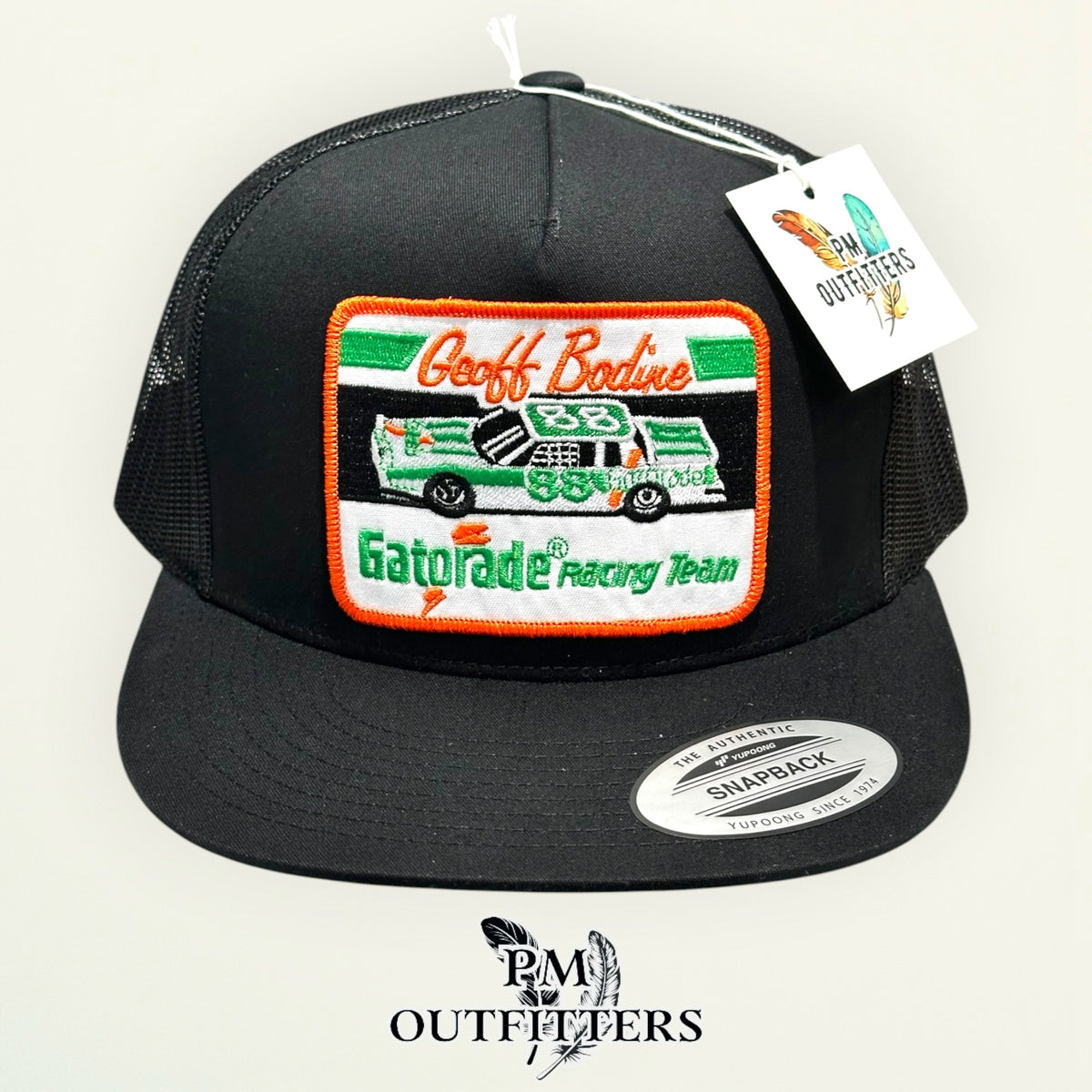 Side view of the Geoff Bodine Gatorade Racing trucker hat, black Yupoong 6006
