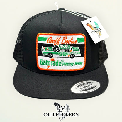 Side view of the Geoff Bodine Gatorade Racing trucker hat, black Yupoong 6006