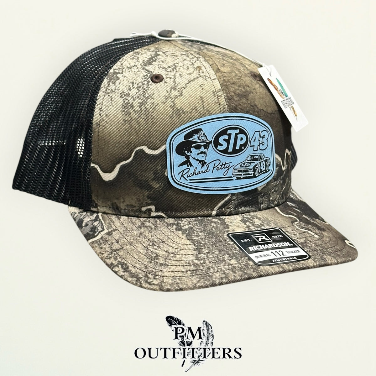 PM Outfitters hang tag Richard Petty STP 43 camo trucker hat