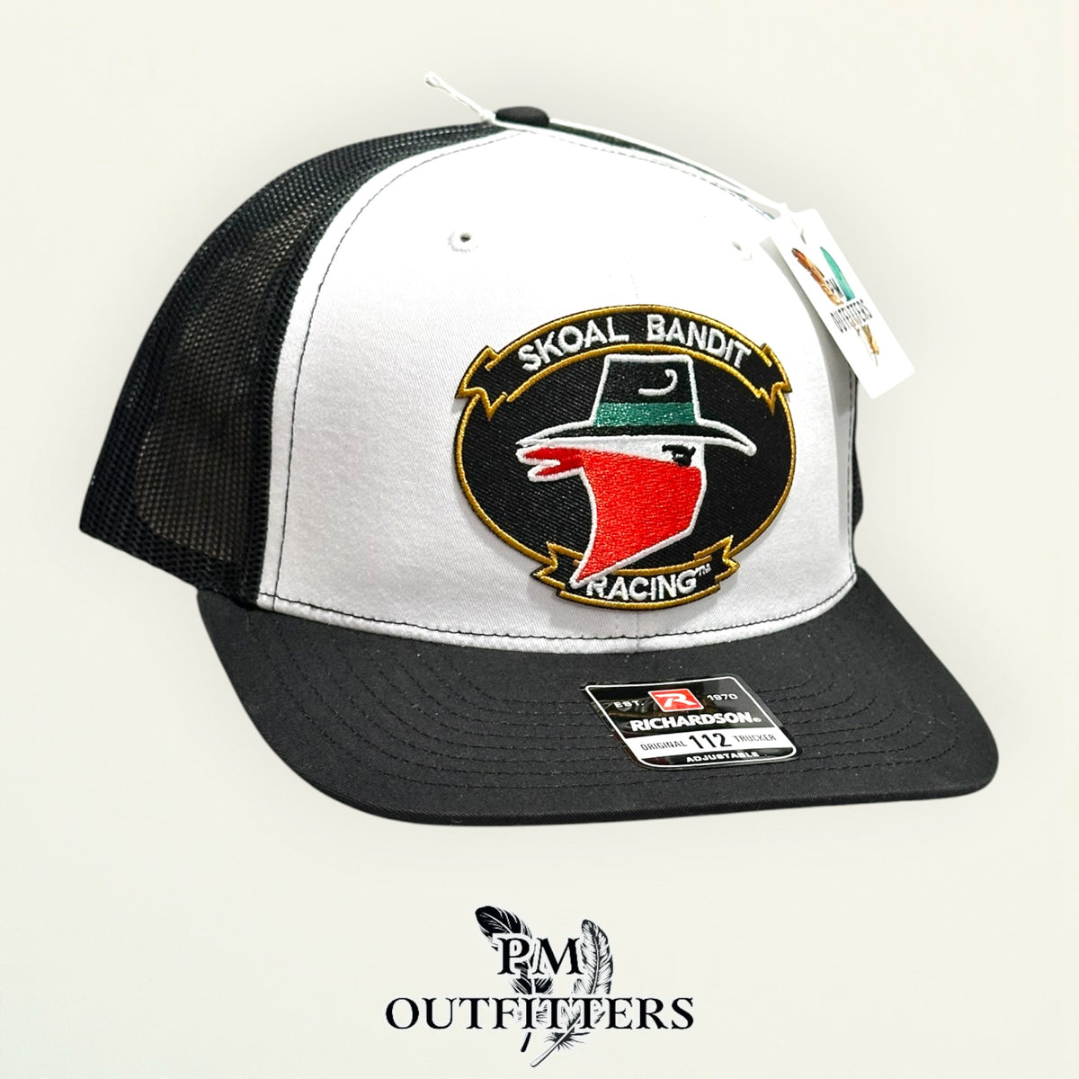 Skoal Bandit Racing trucker hat profile view white front black brim