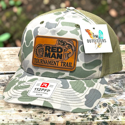 PM Outfitters Red Man Tournament Trail trucker hat Marsh Duck camo Richardson 112PFP vegan leather patch