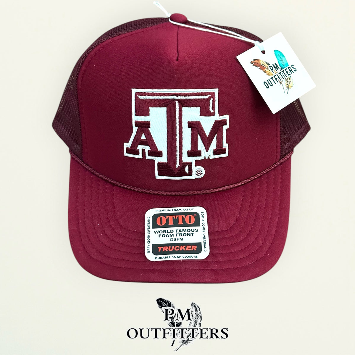 PM Outfitters Texas A&M Aggies ATM embroidered logo patch Otto foam front rope maroon trucker hat