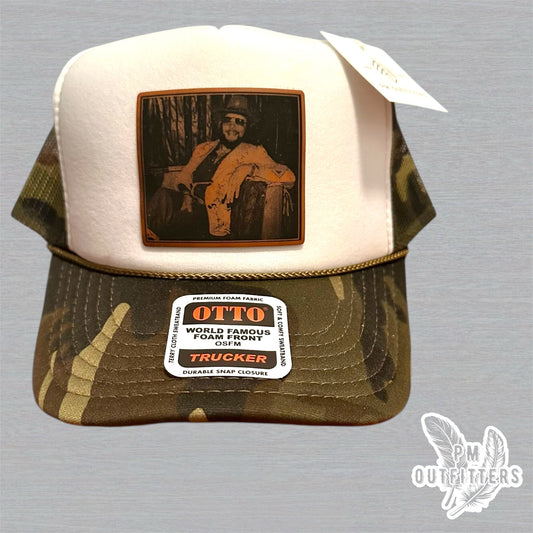 Hank Williams Jr. Leatherette Patch Hat – White & Camo OTTO Foam-Front Rope Trucker | Handcrafted by PM Outfitters