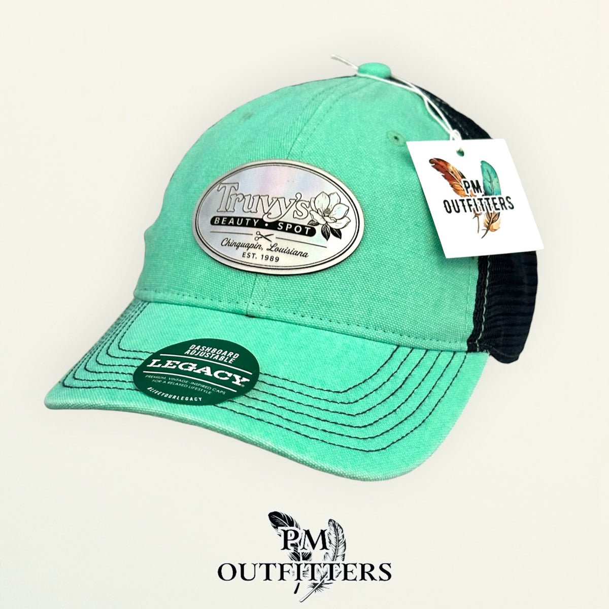 Steel Magnolias Truvy's trucker hat profile view mint canvas navy stitching