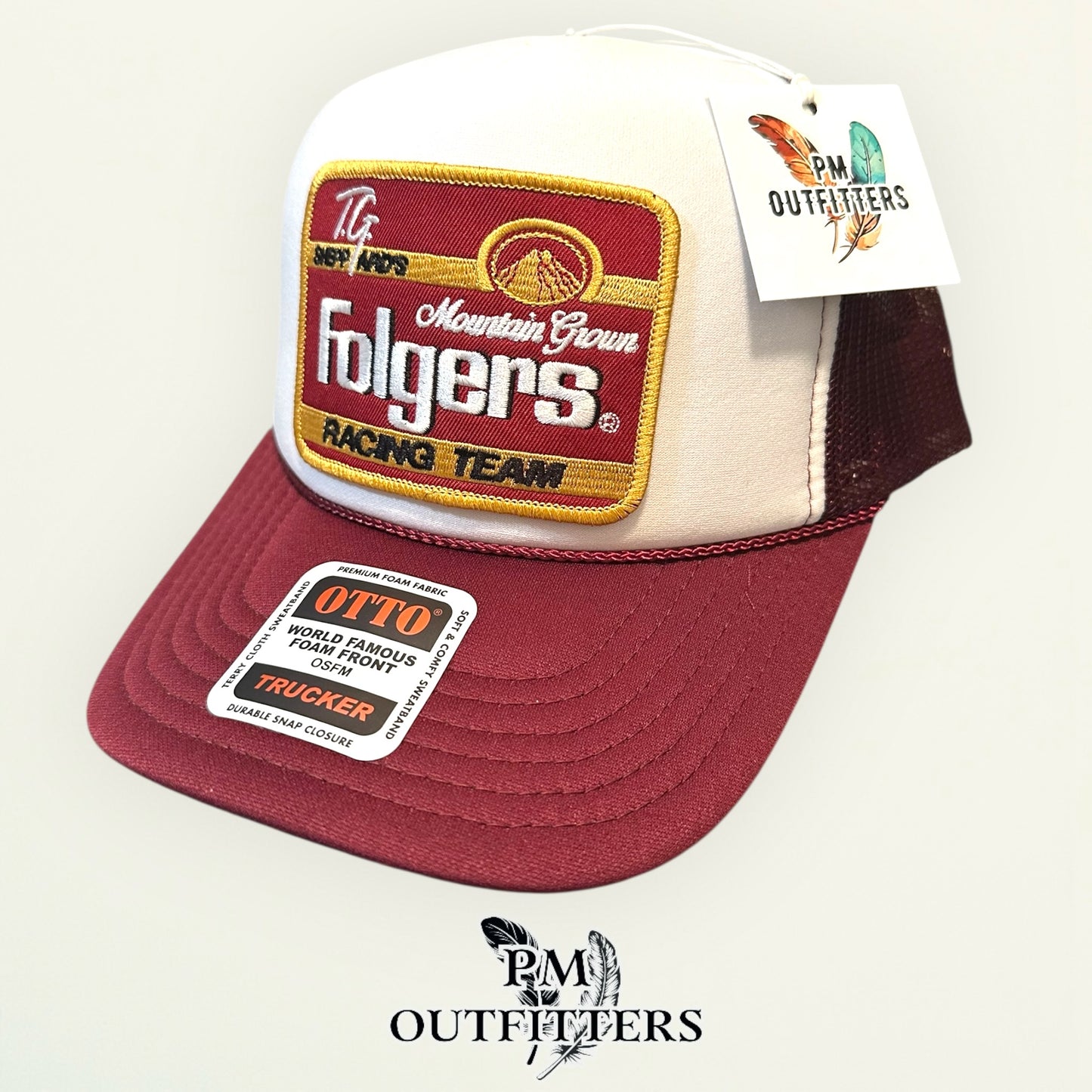TG Sheppard's Folgers Racing Team Trucker Hat — Otto Foam Rope Trucker | White & Maroon