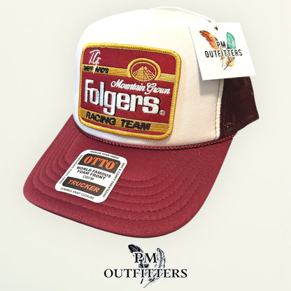 TG Sheppard's Folgers Racing Team Trucker Hat — Otto Foam Rope Trucker | White & Maroon