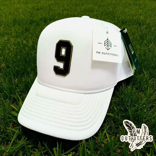 White Decky Foam Trucker Hat - Drew Brees Saints Away Jersey Style | Custom #9 Leatherette Patch