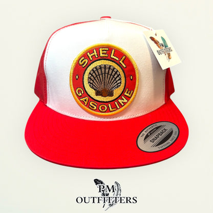 Shell Gasoline Trucker Hat — PM Outfitters Retro Patch | Yupoong Flat Bill White Red Petroleum Heritage