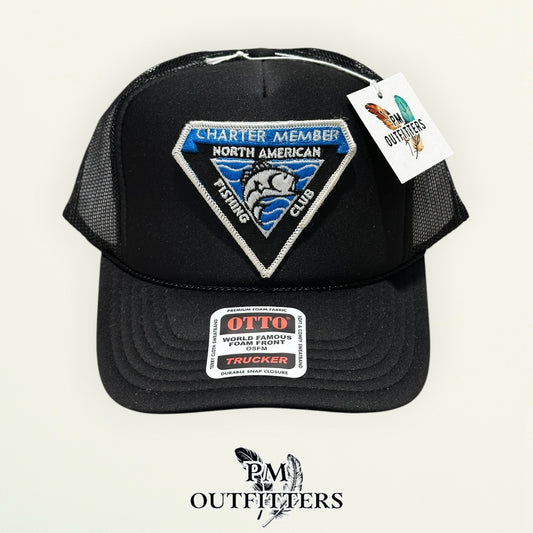 North American Fishing Club Charter Member True Vintage Patch Hat – PM Outfitters | Otto Foam Rope Trucker Black Authentic Angling Heritage