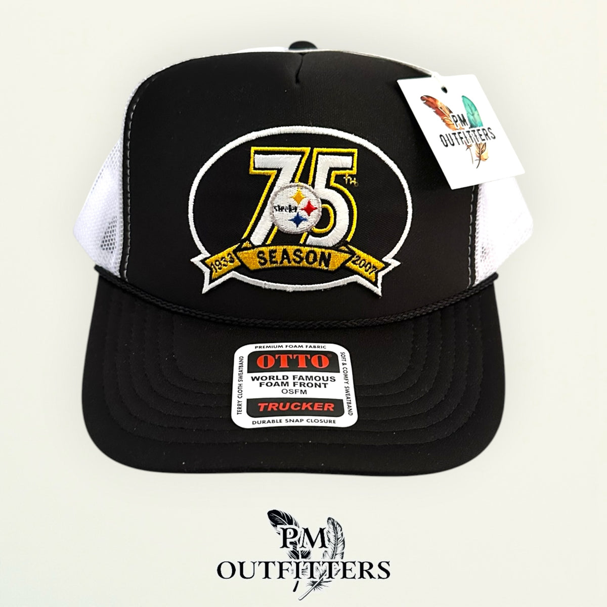 PM Outfitters Pittsburgh Steelers 75th Anniversary embroidered patch Otto foam front rope black white trucker hat