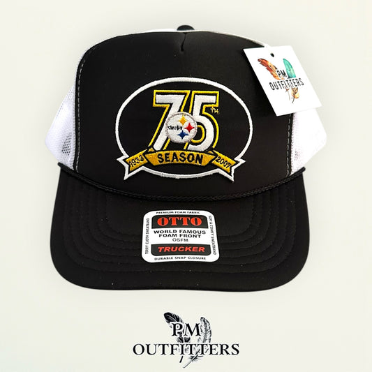PM Outfitters Pittsburgh Steelers 75th Anniversary embroidered patch Otto foam front rope black white trucker hat