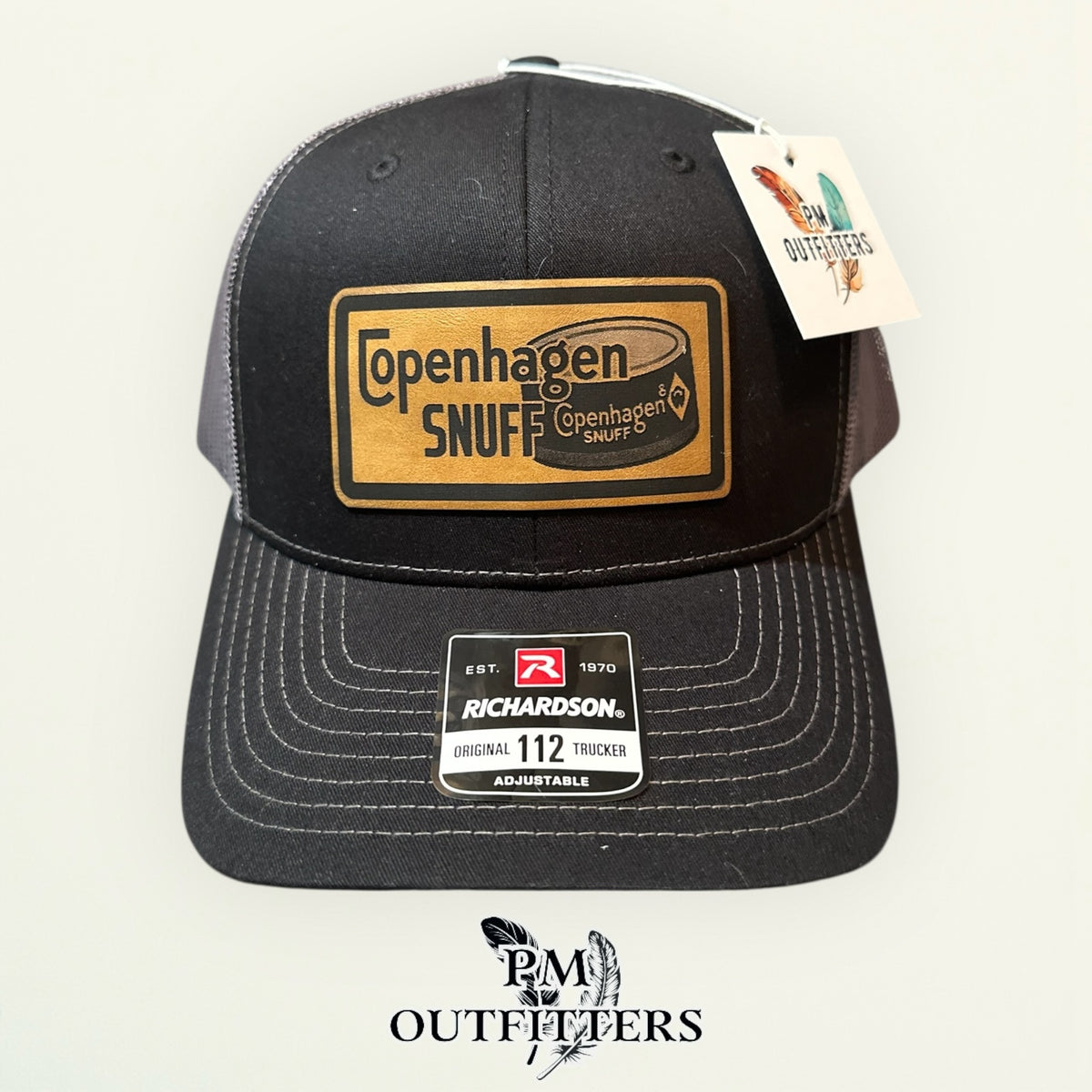 Copenhagen Snuff patch detail tin can script logo vegan leather