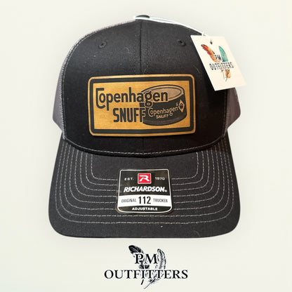 Copenhagen Snuff patch detail tin can script logo vegan leather