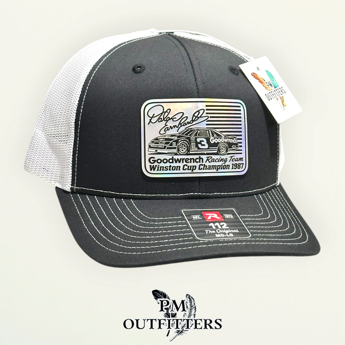 Dale Earnhardt 1987 trucker hat profile view black front white mesh