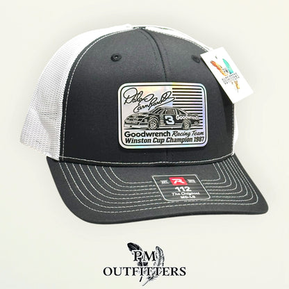 Dale Earnhardt 1987 trucker hat profile view black front white mesh
