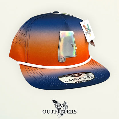 PM Outfitters Auburn Tailgate Season holographic vegan leather Alabama state outline patch trucker hat Auburn two-feather logo blue orange gradient