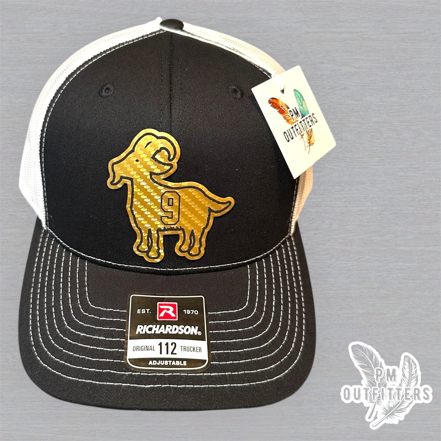 Drew Brees GOAT Hat - PM Outfitters Gold Carbon Fiber Laser | Richardson 112 Black White Saints #9