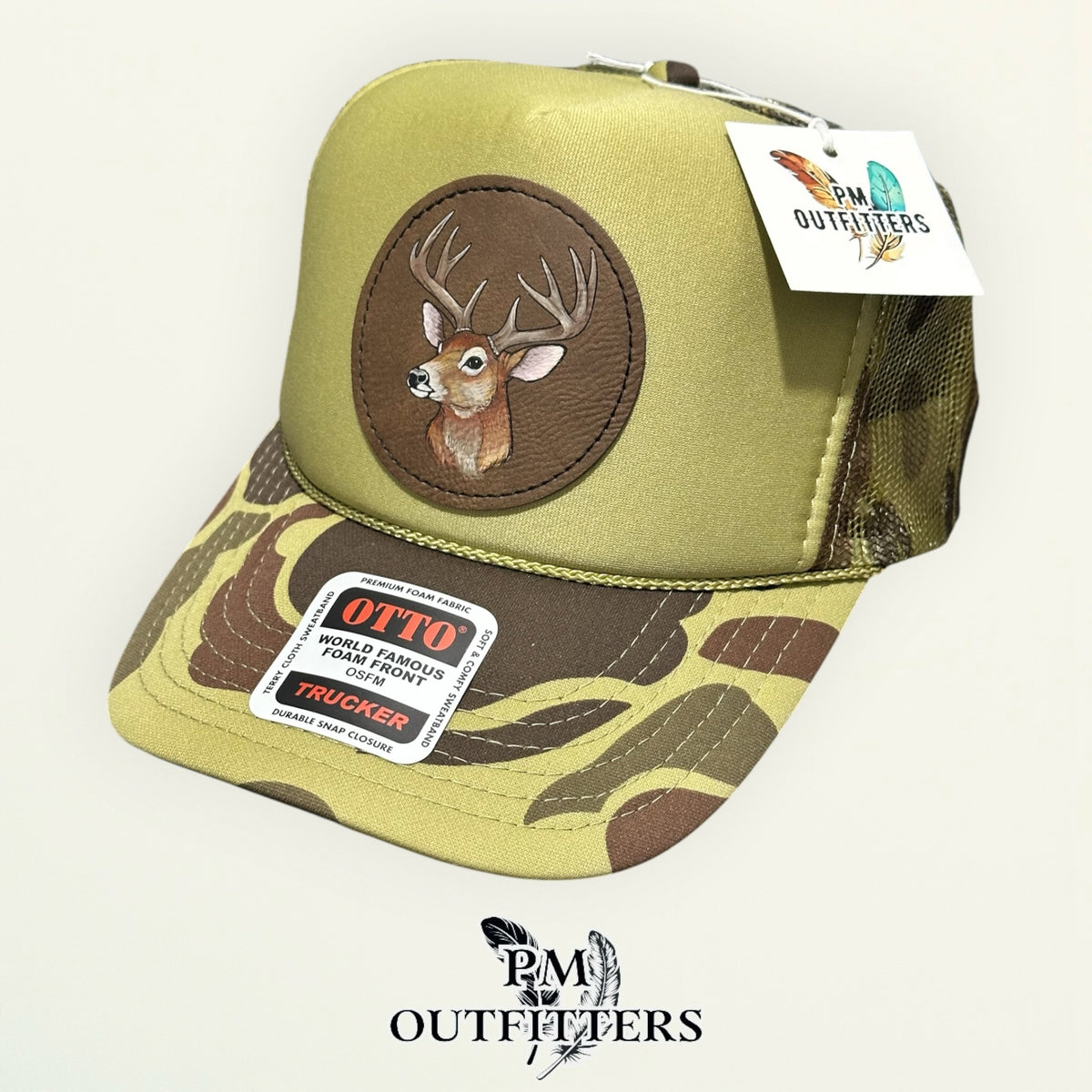 Hand-painted whitetail buck trucker hat in olive green and camo with olive rope trim and snap closure, PM Outfitters True Originals