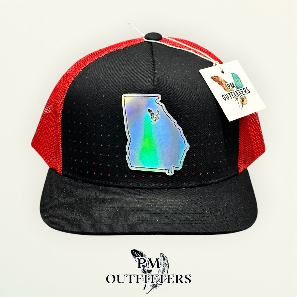 PM Outfitters Georgia Bulldogs holographic vegan leather state outline patch Pacific Headwear 105P black red trucker hat