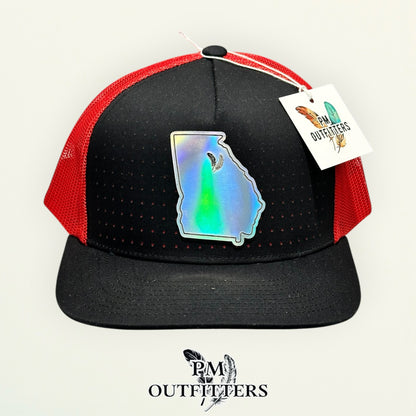 PM Outfitters Georgia Bulldogs holographic vegan leather state outline patch Pacific Headwear 105P black red trucker hat