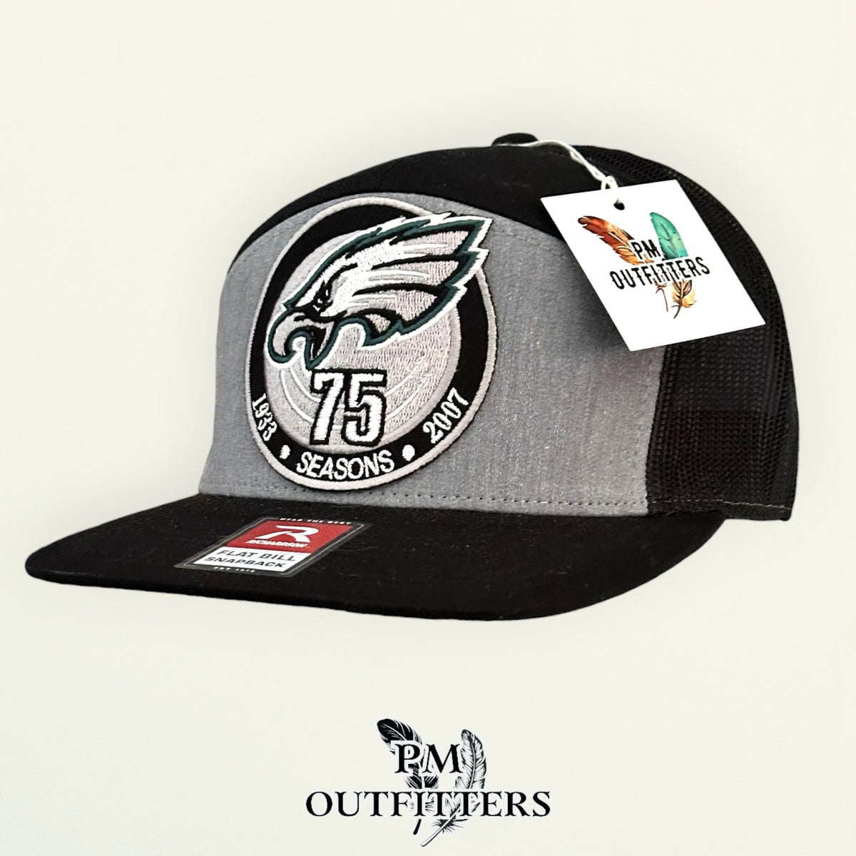 PM Outfitters Philadelphia Eagles 75th Anniversary embroidered patch Richardson 168 black gray trucker hat